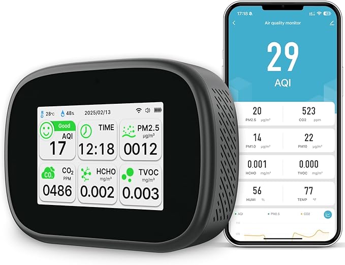 18-in-1 Smart Air Quality Monitor - Indoor WiFi Air Quality Detector with Dual Chip, Real-Time for AQI, CO2, PM2.5, PM1.0, PM10, TVOC, HCHO, Time, Temperature & Humidity with APP (Black-White)