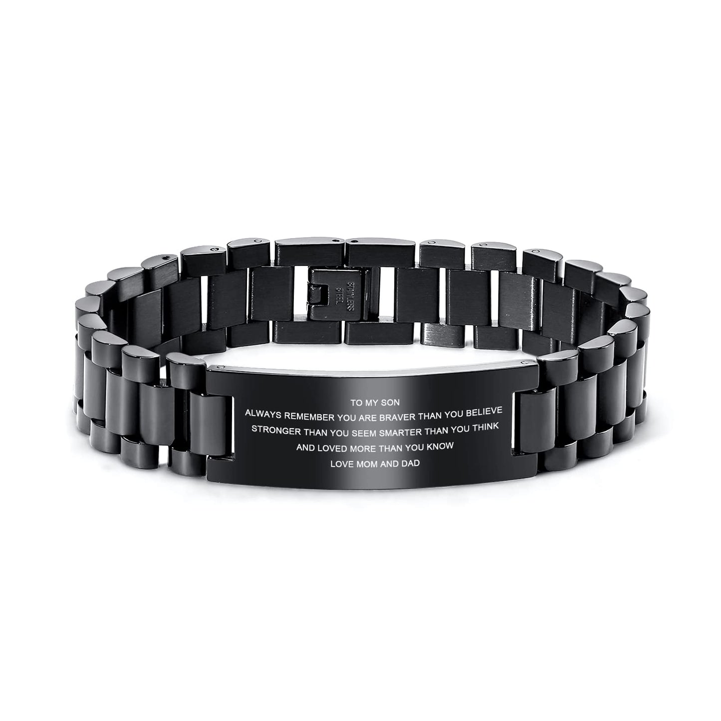 MEALGUET Stainless Steel to My Son Love Dad and Mom Courage Inspirational Wristband Link Bracelets, Graduation Birthday Gifts to Son