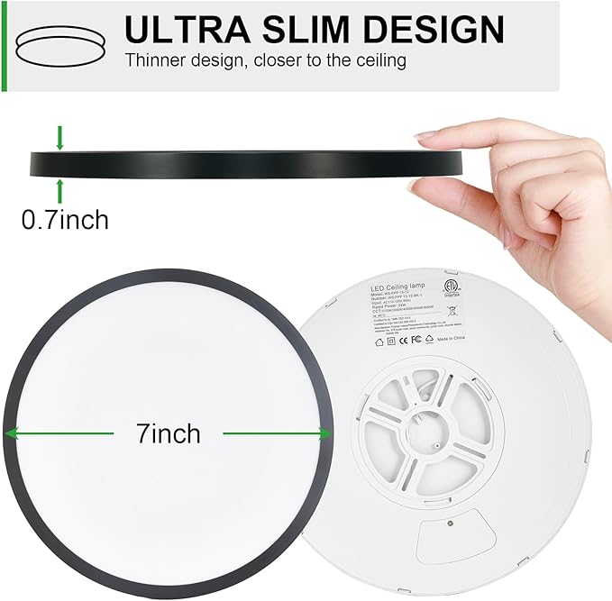 LED Flush Mount Ceiling Light: 7 inch 2Pack Super Slim Dimmable & 5CCT (2700-6500K) Kitchen Lighting Fixtures Ceiling - 12W Black Low Profile Ceiling Lamp for Bedroom Garage Hallway