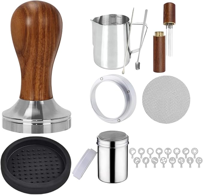 58mm Coffee Espresso Tamper Set - 25PCS Machine Accessories with Tamper, WDT Tool, Stirrer, Frothing Pitcher, Latte Art Pen, Coffee Stencils for Machine, Dosing Funnel, Sifter Sprinkler Powder
