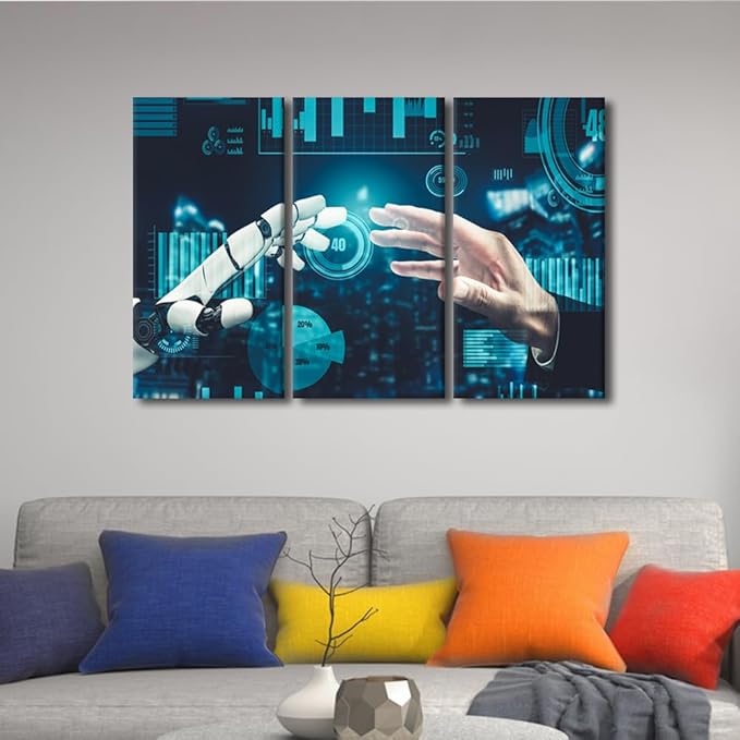 TUMOVO Robot Pictures for Living Room AI Intelligence Paintings 3 Pieces Canvas Wall Art AI Pictures Modern Home Office Decor Framed Ready to Hang Posters and Prints, 42" Wx28 H