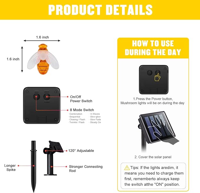 JMEXSUSS Solar Bee Lights Outdoor Waterproof, 30.6FT 50 LED Solar Fairy Lights, 8 Modes Twinkle Light for Outside Garden Patio Yard Decorations