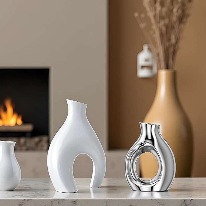 White Silver Modern Abstract Ceramic Vases for Home Decor,Nordic Snuggle Hollow Design for Flowers Pampas Grass Decorative,for Living Room Coffee Table Centerpiece,Entrance,Console (White Silver)