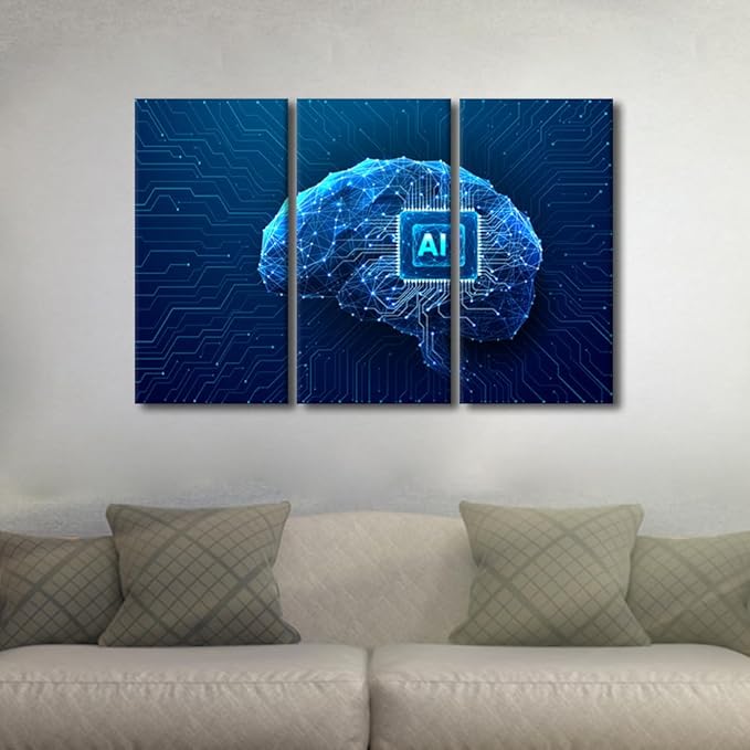 TUMOVO Wall Decorations for Living Room Chip Integral Pictures Paintings Canvas Print 3 Panels Wall Art Technology Brain Canvas Wall Art Modern Artwork Stretched and Framed Ready to Hang, 42" Wx28 H