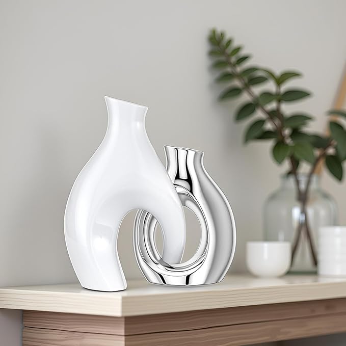 White Silver Modern Abstract Ceramic Vases for Home Decor,Nordic Snuggle Hollow Design for Flowers Pampas Grass Decorative,for Living Room Coffee Table Centerpiece,Entrance,Console (White Silver)