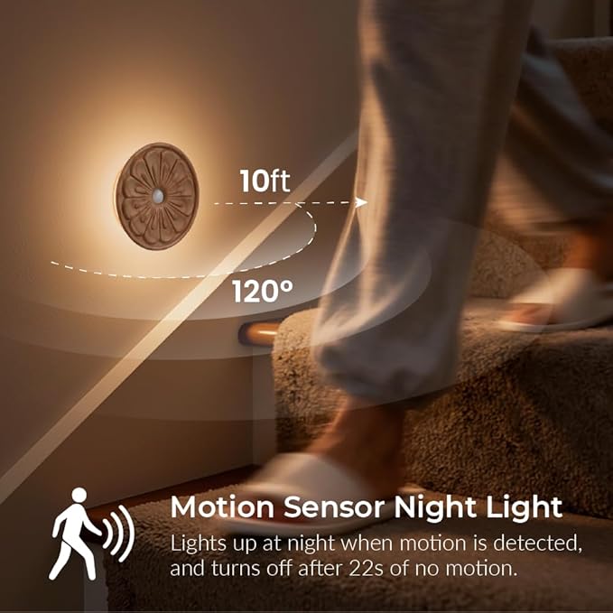 Flower Motion Sensor Night Light, Carved Wooden Flower Wall Lamp, Backlight LED Light, Rechargeable & Stick-On Magnetic Mount for Indoor Decor, Living Room, Bedroom, Stairs (Round Ash Wood *1Pack)