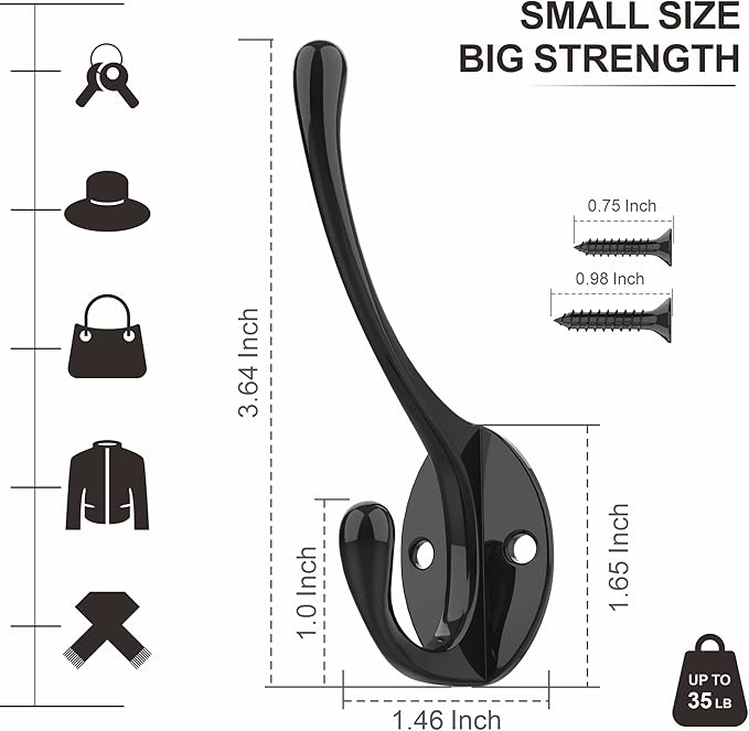 Coat Hooks | Wall Mount Coat Hangers | Black Metal Hooks for Wall with 20 Screws (10Pack)