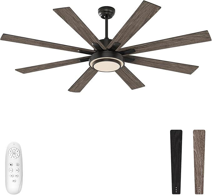 warmiplanet 62 Inch Indoor Ceiling Fans with Lights, 6 Speeds Slient Reversible DC Motor, 3 Color Dimmable LED Light, Timer, Black, 8 Blades