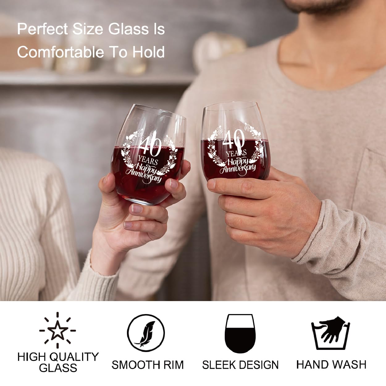 Perfectinsoy 40 Years Happy Anniversary Wine Glass Set of 2, 40th Anniversary Wedding Gift for Mom Dad Wife Soulmate Couple, Funny Vintage 40 Years Wedding Gifts for Men Woman Couple Family Friends