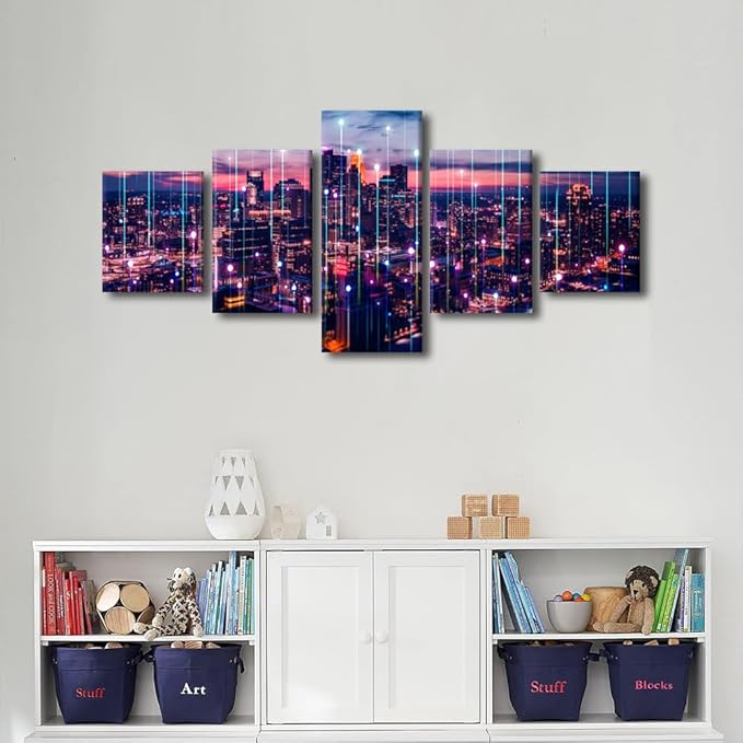 Particle Glowing Poster 5 Panel Canvas Wall Art Modern Home Decoration Artwork Metaverse Concept Big Data Picture Big Data Worker Office Living Room Wall Decor Stretched Ready to Hang 50x24 Inch