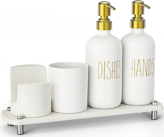Cisily Gold Kitchen Soap Dispenser Set with Ceramics Sponge Holder and Brush Holder, Gold Pumps, and Instant Dry Tray, Hand and Dish Soap Dispenser Set Suitable for Kitchen Decor and Accessories