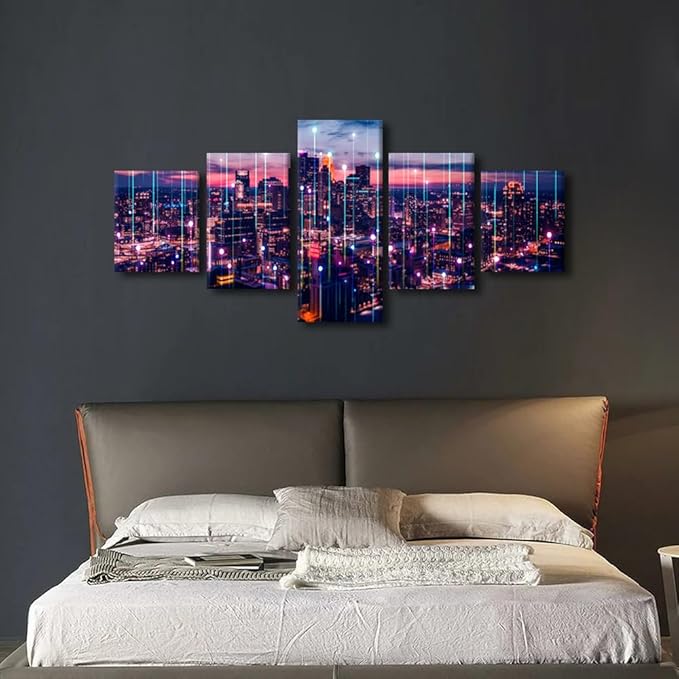 Particle Glowing Poster 5 Panel Canvas Wall Art Modern Home Decoration Artwork Metaverse Concept Big Data Picture Big Data Worker Office Living Room Wall Decor Stretched Ready to Hang 50x24 Inch