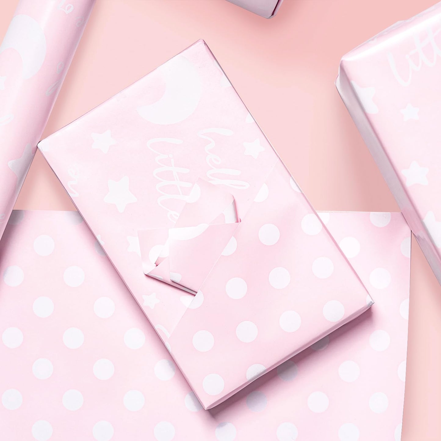 RUSPEPA Reversible Wrapping Paper Roll, Jumbo Roll, Baby Girl Pink and Dots Pattern for Baby Boy or Neutral Gift Wrapping, Kids' Birthday Party and Baby Shower, 30 Inches X 32.8 Feet