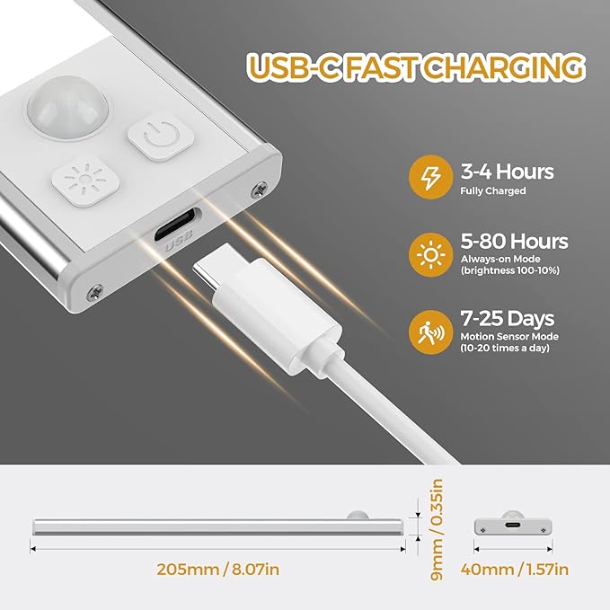 Under Cabinet Lights Motion Sensor 3 Color Temperatures LED Closet Light, USB-C Rechargeable Under Counter Lights Night Light for Kitchen, Wardrobe (Silver - 3 Color, 8.07 Inch - 3 Pack)