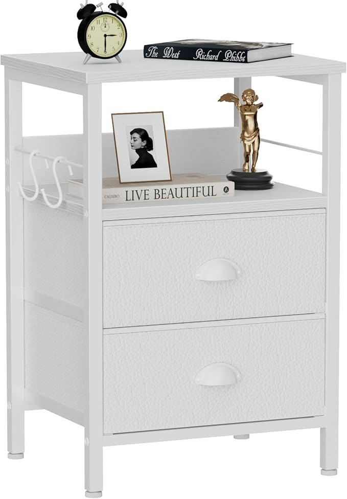 Furologee Nightstand Bedside Table with 2 Fabric Drawers, White Side Table with 2-Tier Shelf, Night Stand with Hooks, for Bedroom, Living Room, Backboard Design, Wooden Top, Metal Frame, White