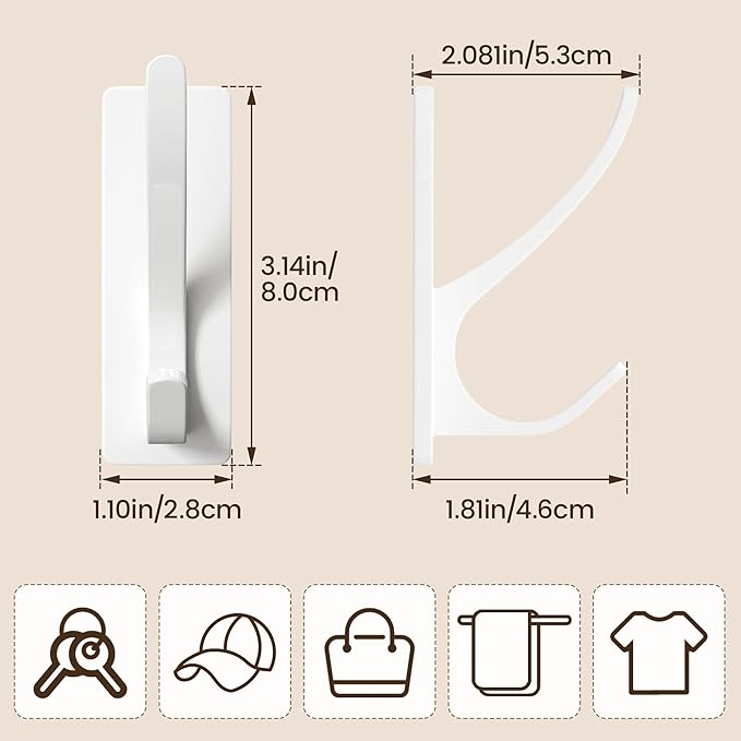 White Self Adhesive Coat Hooks for Hanging, Heavy Duty Stainless Double Wall Hook for Towel, Backpack, Hat, Sturdy Metal Hanger for Bathroom, Bedroom, Door, Wall Mounted, 4-Pack