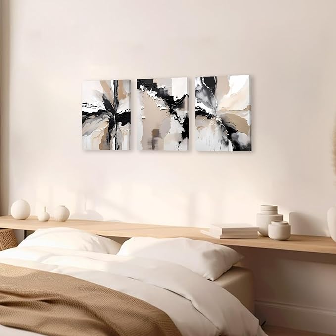 3pcs Framed Black Beige Netural Wall Art,Modern Geometric Abstract Wall Decor Living Room,Beige Black Abstract Marble Canvas Wall Art Posters Prints for Bathroom Bedroom Home Decoration,12x16inch