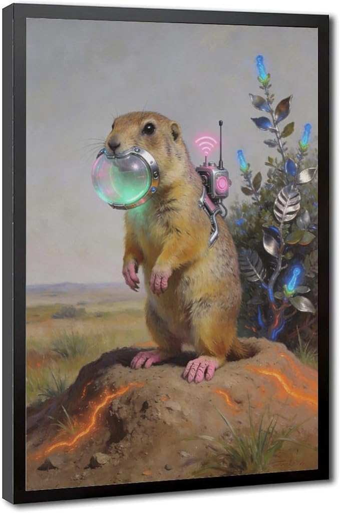 Framed Steampunk Mechanical Prairie Dog Wall Art - Retro-Futuristic Wilderness Poster for Living Room Game Room Decor 12x18in