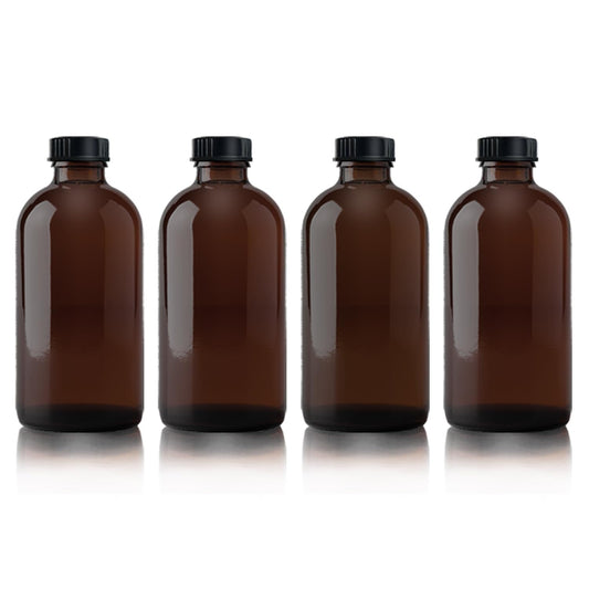 Popokeegoo 4Pcs 16 oz Amber Glass Bottle Brown Round Bottles with Caps, for Vanilla Extract Homemade, for Syrup Gift Glass Food Storage Canister Set, Sauce Beans, Essential Oil