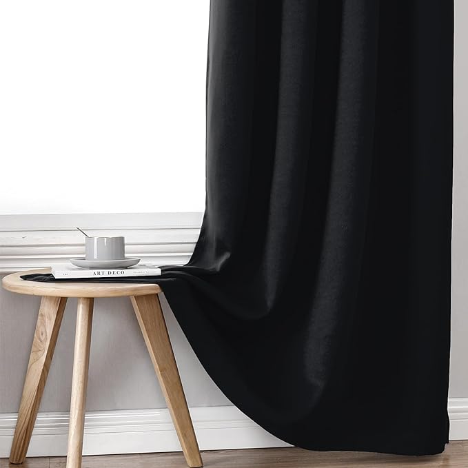 ChrisDowa 100% Blackout Curtains for Bedroom with Black Liner, 2 Thick Layers Total Blackout Thermal Insulated Grommet Window Curtains 2 Panels Set (Black, 52 x 45 Inch)