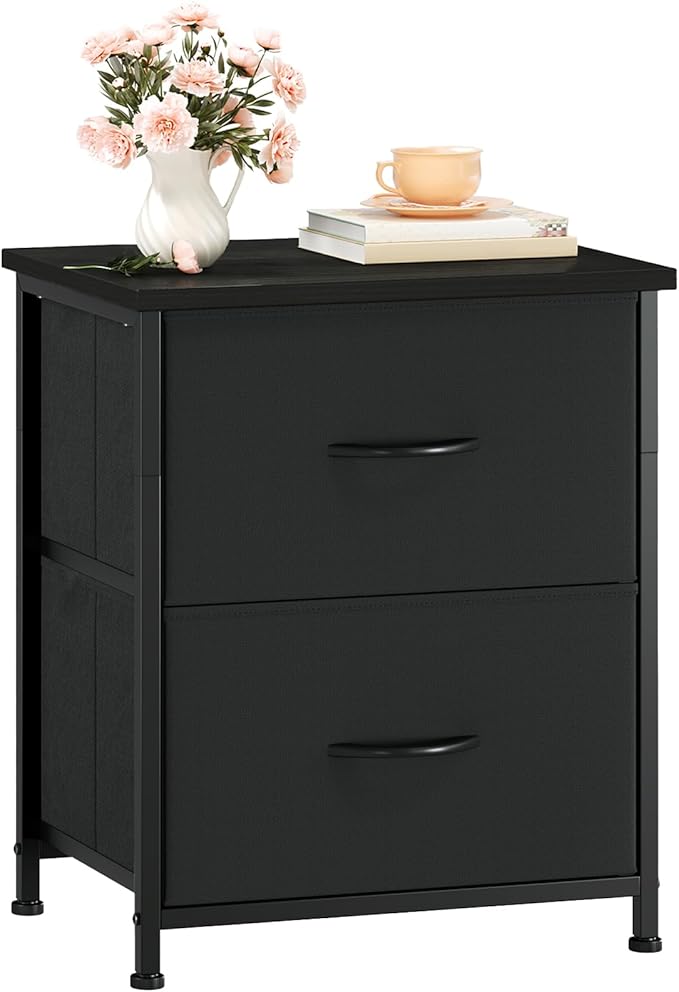 Somdot Nightstand, Small Dresser for Bedroom with 2 Drawers, Bedside Table Night Stand End Table with Fabric Bins for Bedroom Kids Closet Dorm Guest Room, Black