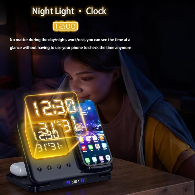 IHAO 5in1 Multi Functional Wireless Charging Station Digital Clock 15W Fast Charging Temperature Display Wireless Charger for All Qi Phone and TWS Headphone Compliant with Apple Watch-DH15 White