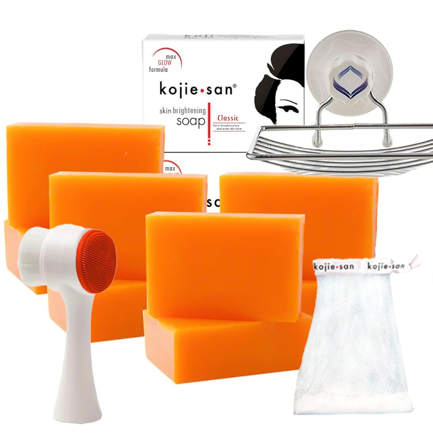 Kojie San Face & Body Shower Set - The Original Kojic Acid Soap, Dark Spot Remover Bar Soap with Coconut & Tea Tree Oil â 65g x 8 Bars with Leafa Soap Net, Brush and Soap Dish