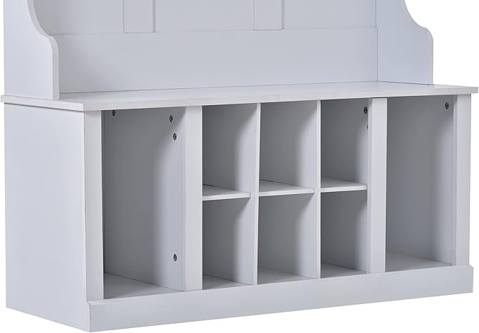 Retro 3-in-1 39.4INCH Hall Tree with 6 Hooks and Coat Hanger,Storage Bench and Open Shelves,for Livingroom Hallway Entryway Mudroom Use (White@Hooks/)