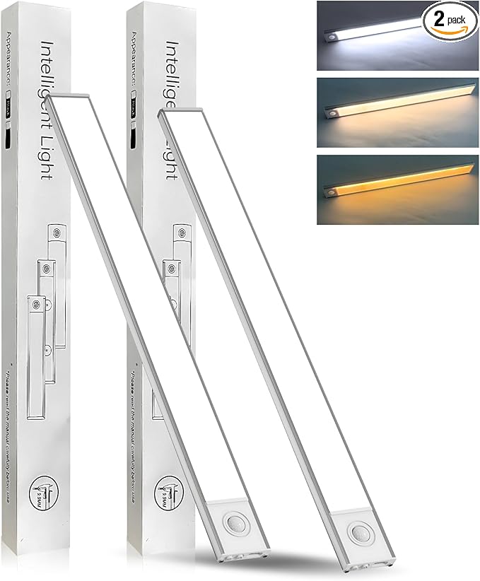 SPOLI Under Cabinet Lighting, Motion Sensor Kitchen Light Indoor, 1800mAh Battery Operated Closet Lights, 65 LED Dimmable Stairs, 2 Pack Magnetic Under Counter Lights for Kitchen - Silver 16"