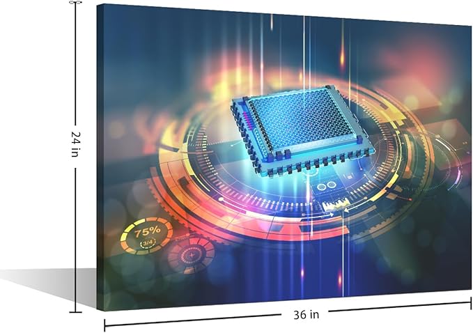 TUMOVO 1 Panel Wall Art CPU Concept Painting Print On Canvas AI Pictures for Bedroom Home Decor Futuristic CPU Internet Modern Artwork Paintings Stretched By Wooden Frame Ready to Hang, 36x24in