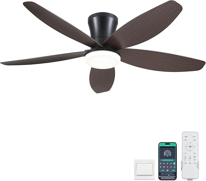 Ceiling Fans with Lights-42 Low Profile Ceiling Fan with Light and Remote/APP Control,Flush Mount,DC Reversible,LED Dimmable Modern Ceiling Fans for Bedroom,Indoor/Outdoor Patio Use(Brown)