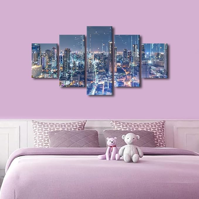 5 Panel Sense of Technology Poster Native Americans Home Wall Decoration Big Data Worker Bedroom Canvas Decorate Modern City Landscape Picture Printing Frame and Stretched Ready to Hang 60x32 Inch