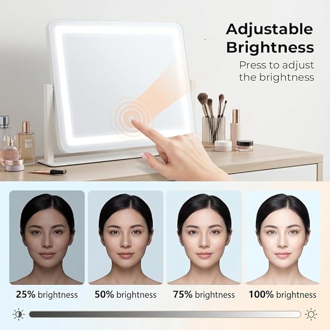 Vanity Mirror with Lights, 17''x22'' Lighted Makeup Mirror, LED Makeup Mirror, Smart Touch with 3-Color Lighting Modes, Dimmable, for Bedroom Tabletop - White