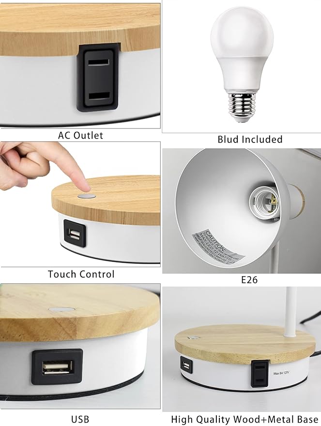 Metal Desk Lamp Wireless Charging Table Lamp Touch Reading Lights Arc Desk Lamps for Bedroom, 3 Way Dimmable Bedside Lamp with USB Charging Ports Lamp for Study Room and Office (White)