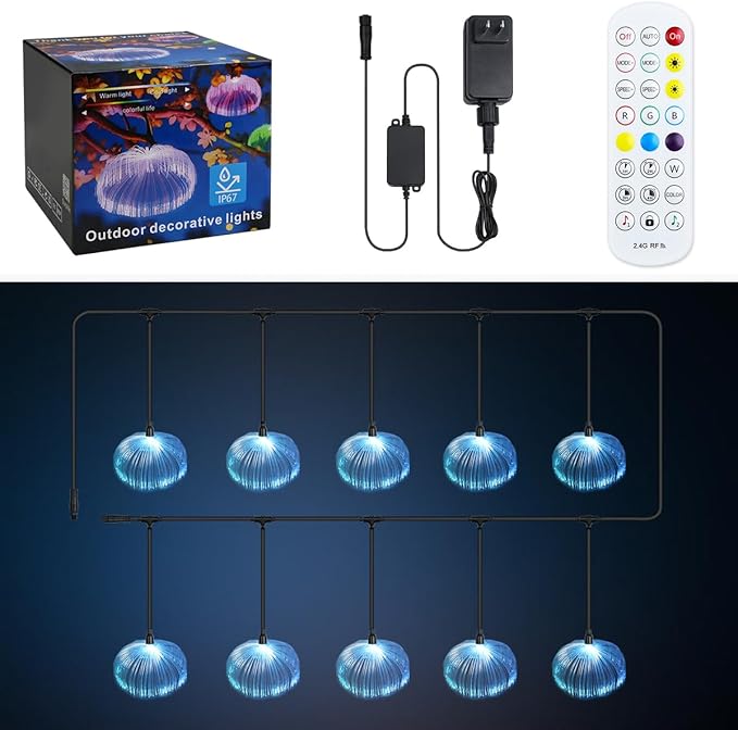 AZIMOM Smart 10pcs Fiber Optic Jellyfish Lamp 32.8ft APP Control Timing Music Sync RGBW Colorful IP67 Waterproof Outdoor Fairy Hanging String Light Garden Trees Christmas Party Wedding Ceiling Decor