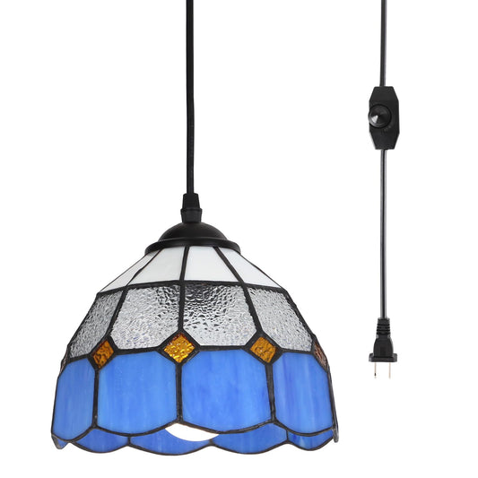 HuisMier Tiffany Style Plug in Pendant Light, Dimmable Small Hanging Lights with 15 Ft Plug in Cord, Vintage Stained Glass Swag Lamp for Dining Room Bedroom Living Room Porch, 7.9" Width"