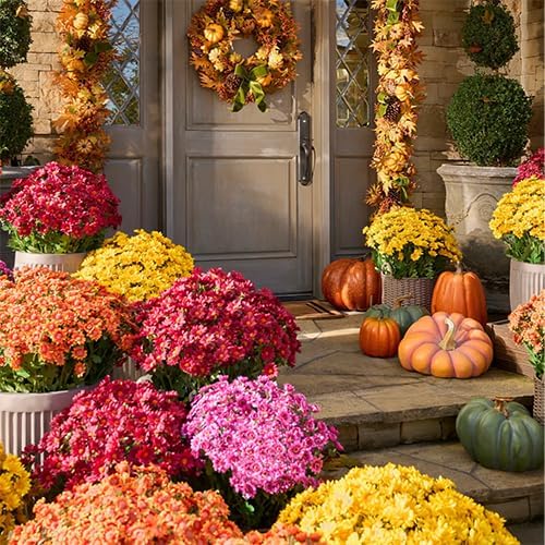 Artificial Mums for Outdoors, Faux Sunset Mum Flowers Planters for Indoor Outside Decor, Fake Look Real, Vibrant, UV Resistant, Waterproof, Windproof (Yellow, 10 Bundle)