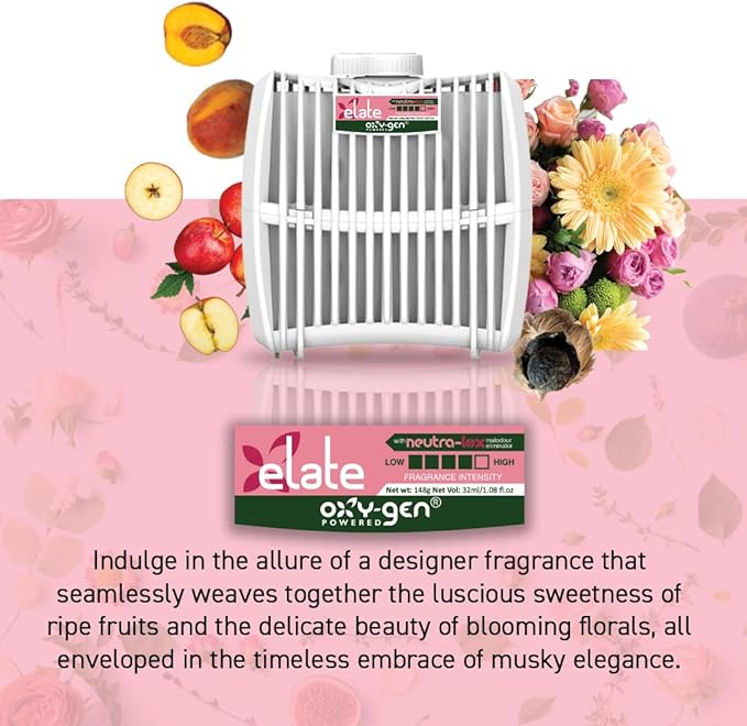 Oxygen-Pro Elate Strong Fragrance Cartridges - Continuous Scent Refills for Oxy-Gen Powered Automatic Air Freshener Dispenser - Commercial Grade Wall Mounted Odor Eliminator - 60 Day Life (6-Pack)