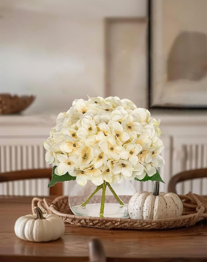 Hollyone Fall Hydrangea Artificial Flowers for Decoration with Glass Vase White Silk Fake Flower Arrangements with Faux Water Autumn Table Centerpiece Vase with Flowers Fall Decorations for Home