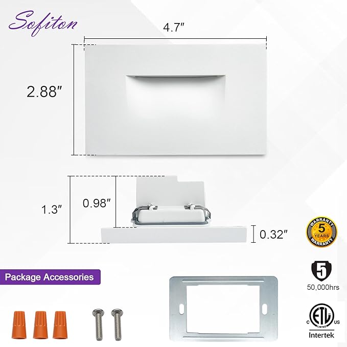 4-Pack Horizontal LED Step Lights, Color Adjustable (2700K-5000K), IP65 Waterproof, 3W 100LM, 120V Stair Lights Indoor Outdoor, 10%-100% Dimmable, White, ETL Certified