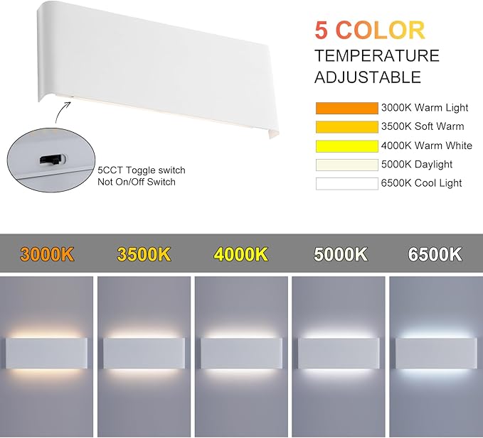 11"Modern LED vanity light,15W Dimmable 5 CCT (3000K-6500K) Adjustable Wall Lamp,Up and Down Wall Lighting,Indoor Wall Sconce for Bedroom,Staircase,Hallway,Dressing Table, 2 Pack（White）