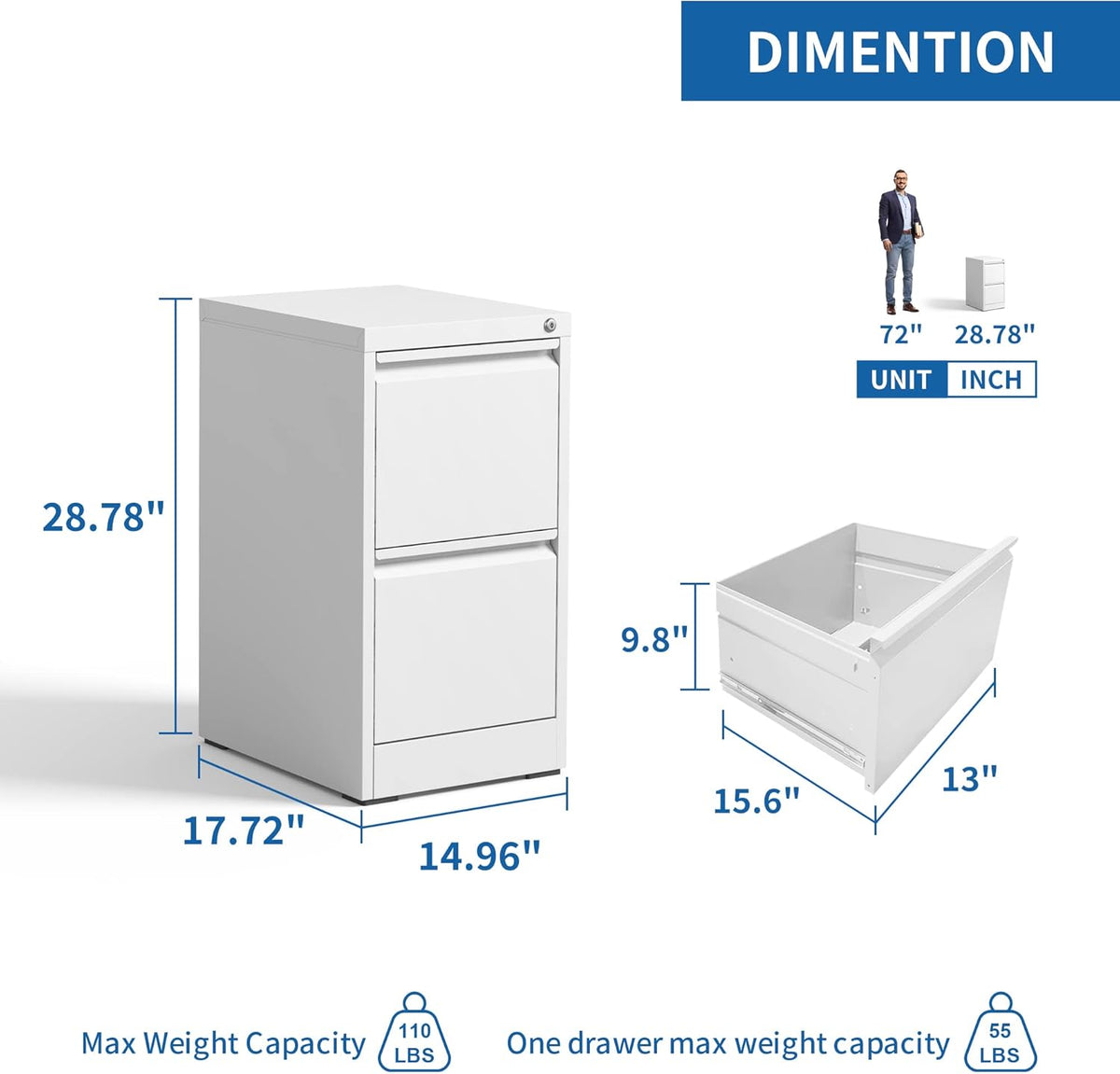 2 Drawer File Cabinet for Home Office, Vertical File Cabinet with Lock, Locking File Cabinet Hanging Files for A4/ Legal/Letter, Require Assembly, White