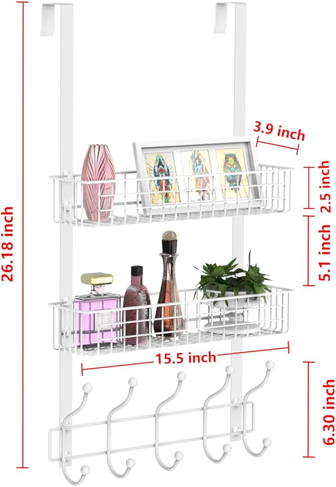 Coat Rack, Over The Door Hanger with Mesh Basket, Detachable Storage Shelf for Towels, Hats, Handbags, Coats (White-2 Baskets)