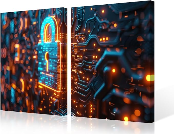 AI Intelligence Pictures Paintings Canvas Print 3 Pieces Security Lock Symbol Wall Art Artwok Home Decor for Living Room Giclee Framed Art Ready to Hang, 24" Wx16 H
