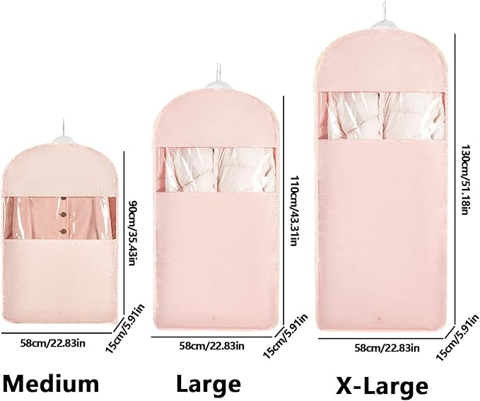 Space Saving Hanging Garment Bag with Self Compression Zipper，Dust Cover Clothes Bags for Down Coat,Dress,Suit，Closet Storage Organizer for Home Travel Use(Pink, Medium)