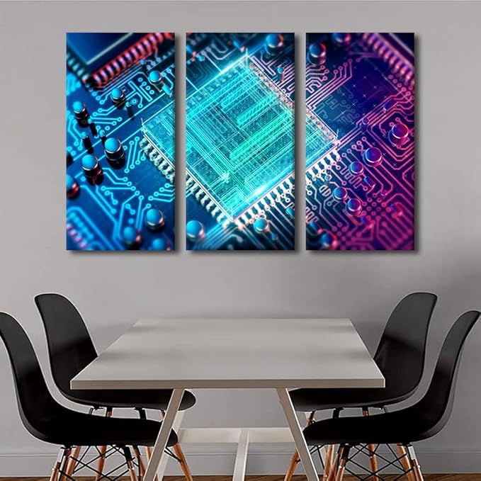 3 Piece Technology Wall Decor Integrated Wall Art Communication Processor CPU Concept Canvas Wall Art Poster Motherboard Digital Chip Wall Decor for Living Room Bedroom Framed Ready to Hang(40"Wx60"H)