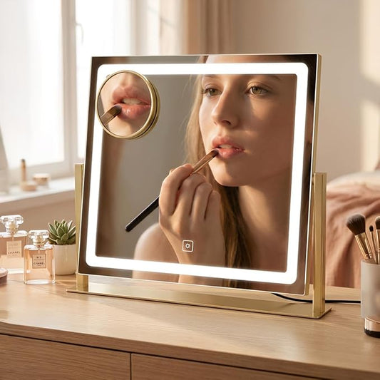 Vanity Mirror with Lights, 12" x 16" Lighted Makeup Mirror with Smart Touch Control, LED Makeup Mirror with 3 Color Lighting Modes, 360° Rotation, 10X Magnification for Tabletop - Gold