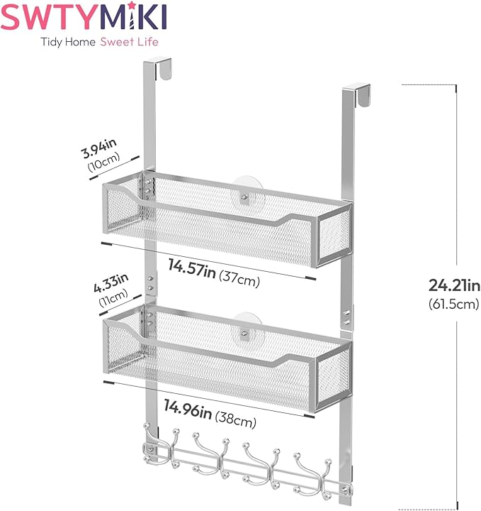 SWTYMIKI Over The Door Hook with 16 Hooks & 2 Mesh Baskets - Heavy Duty Over The Door Organizer Hanger for Towels, Coats, Clothes - Space Saving Hanging Rack for Bathroom, Living Room, Silver