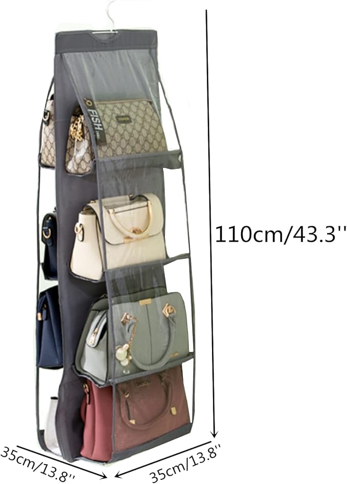 HAN SHENG 8 Pockets Clear Handbag & Purse Organizer Hanging Bag Storage - Space Saving Hanging Shelf for Closet, Wardrobe, Over Door (1 Pack, Grey)