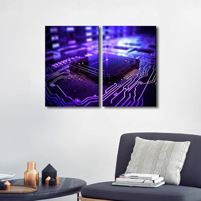 TUMOVO 3 Pieces Semiconductor Chip Canvas Print Canvas Art Prints Circuit Board Wall Art Canvas Gallery Wrapped Canvas on Stretched Minimalism Frame Ready to Hang, 24" Wx16 H